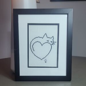 Framed Cat Heart Cross Stitch Art